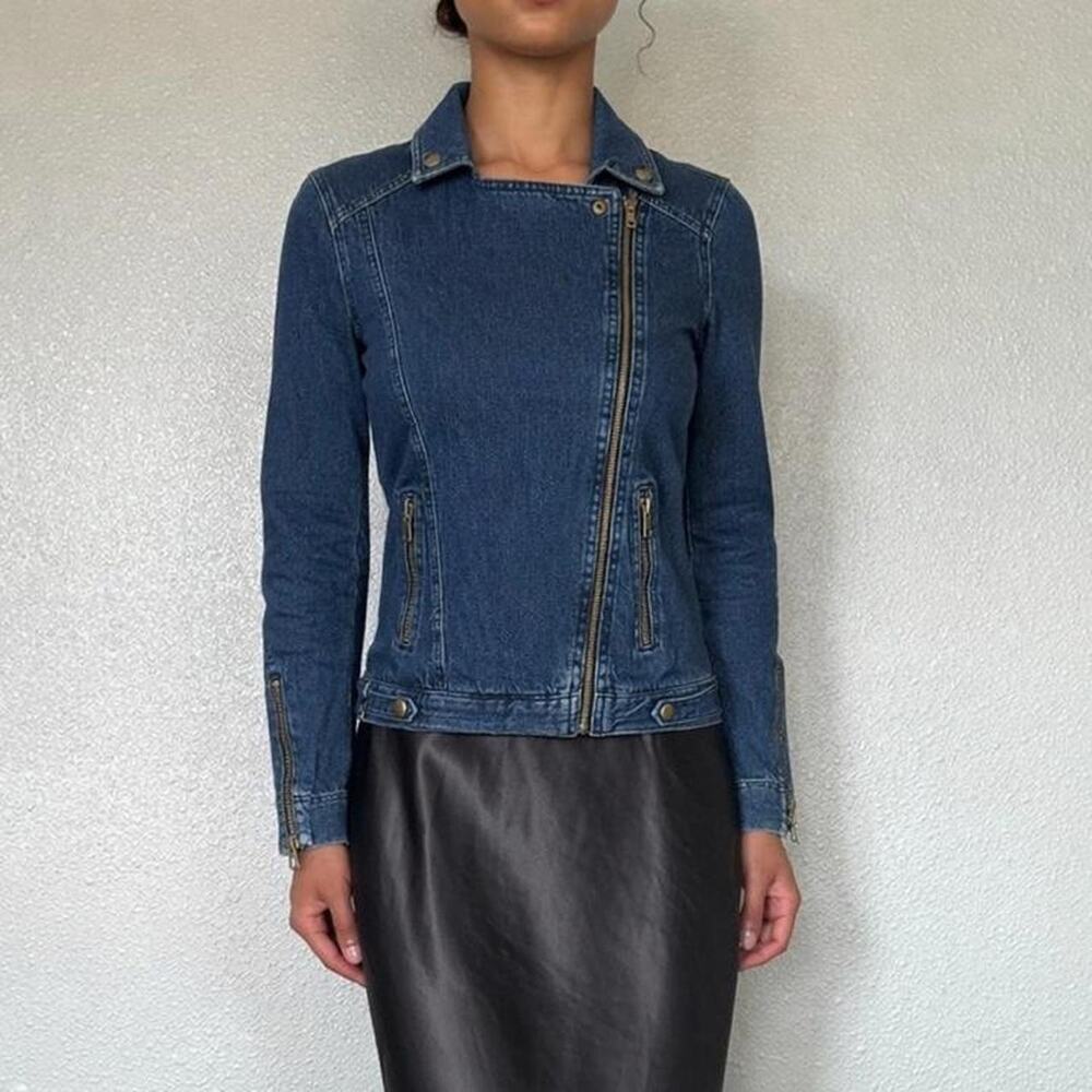 Vintage Y2K Italian Dark Wash Denim Fitted Moto Zip Jacket Size 4 XS Luxury